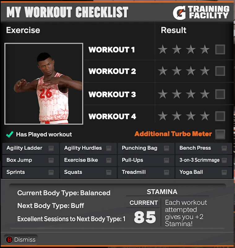 The NBA 2K27 My Workout Checklist screen, showing four workout slots rated out of four stars and the grid of 12 unique workouts.