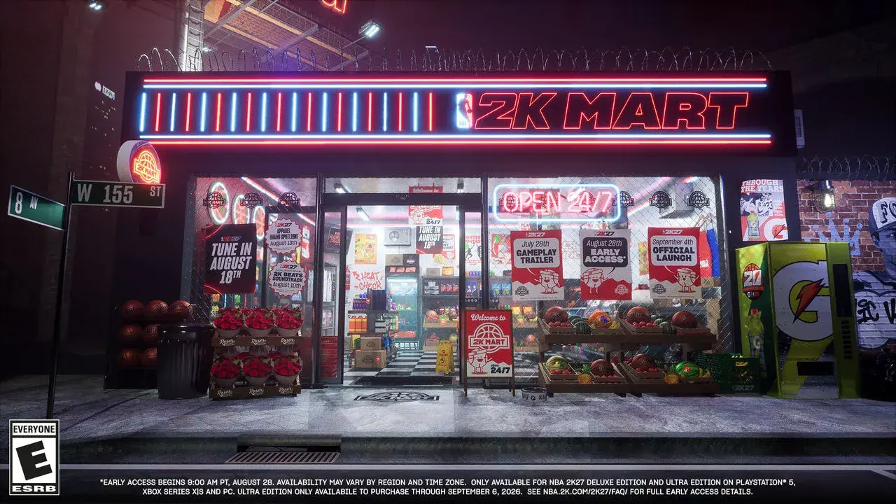 NBA 2K Mart storefront at night, with posters for the July 28 gameplay trailer, August 28 Early Access and September 4 official launch
