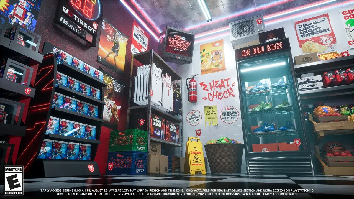 2K Mart shelves of NBA 2K27 game cases and Spurs, Bulls and Indiana jerseys, with the gameplay trailer playing on a TV