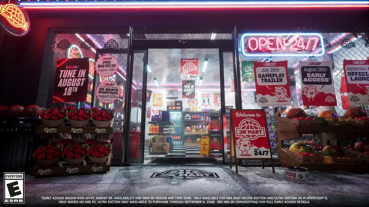 2K Mart entrance with a Welcome to 2K Mart sign and the launch date posters in the window